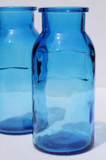 photo of vintage blue glass canister jars, apothecary jar type Wheaton bottles #3