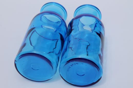 photo of vintage blue glass canister jars, apothecary jar type Wheaton bottles #4