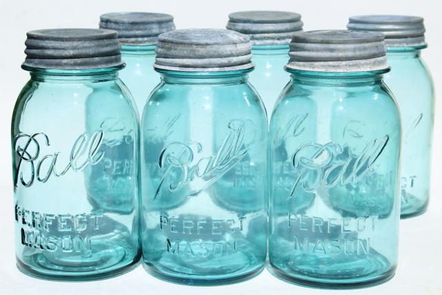 photo of vintage blue glass canning jars w/ zinc lids, Ball Perfect Mason jars  #1