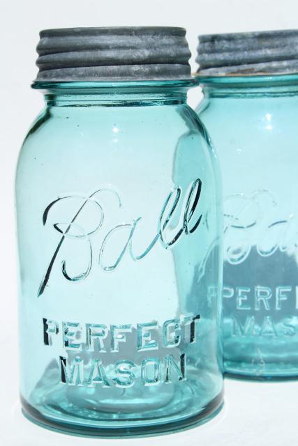 photo of vintage blue glass canning jars w/ zinc lids, Ball Perfect Mason jars  #2