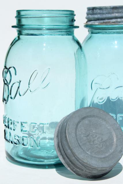 photo of vintage blue glass canning jars w/ zinc lids, Ball Perfect Mason jars  #3