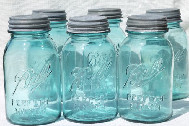 photo of vintage blue glass canning jars w/ zinc lids, Ball Perfect Mason jars #1