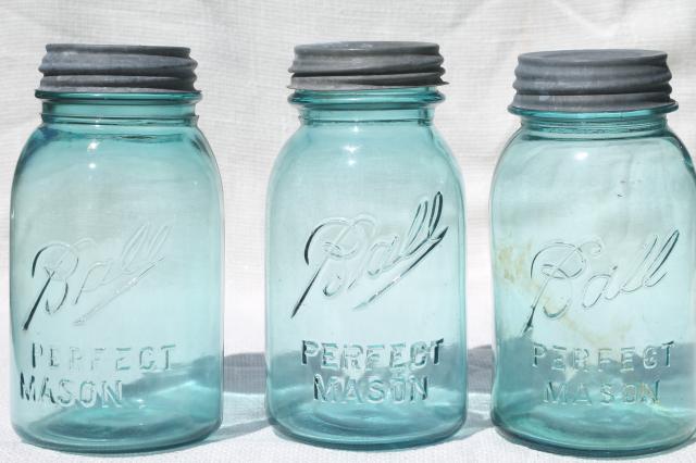 photo of vintage blue glass canning jars w/ zinc lids, Ball Perfect Mason jars #4