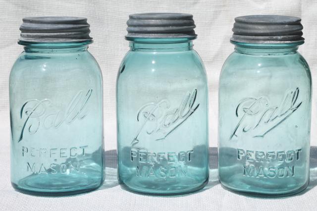 photo of vintage blue glass canning jars w/ zinc lids, Ball Perfect Mason jars #5