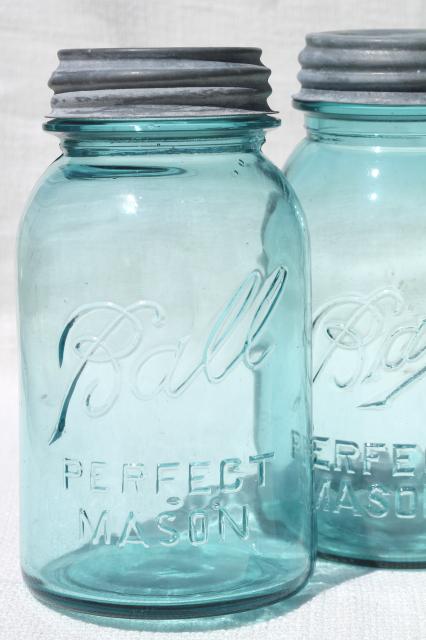 photo of vintage blue glass canning jars w/ zinc lids, Ball Perfect Mason jars #6