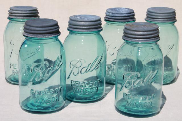 photo of vintage blue glass canning jars w/ zinc lids, Ball Perfect Mason jars #1