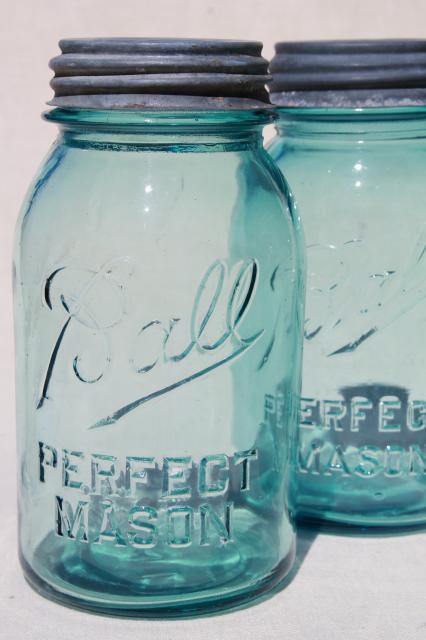 photo of vintage blue glass canning jars w/ zinc lids, Ball Perfect Mason jars #2