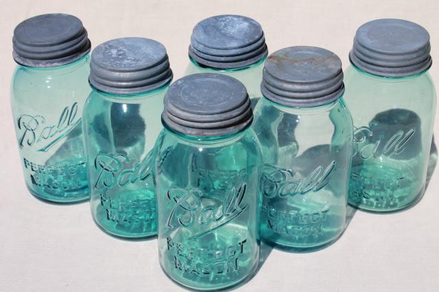 photo of vintage blue glass canning jars w/ zinc lids, Ball Perfect Mason jars #3