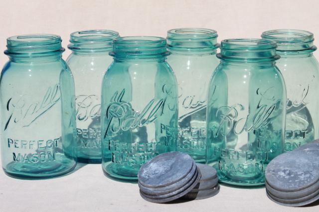 photo of vintage blue glass canning jars w/ zinc lids, Ball Perfect Mason jars #4