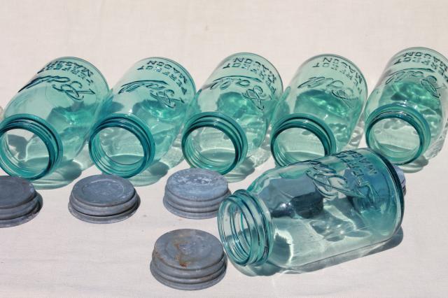 photo of vintage blue glass canning jars w/ zinc lids, Ball Perfect Mason jars #5