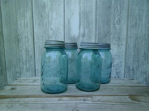 photo of vintage blue glass canning jars w/ zinc lids, Ball Perfect Mason jars  #1