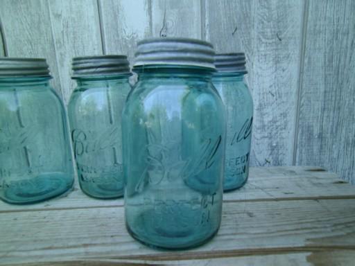 photo of vintage blue glass canning jars w/ zinc lids, Ball Perfect Mason jars  #3