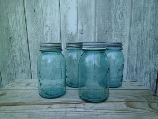 photo of vintage blue glass canning jars w/ zinc lids, Ball Perfect Mason jars  #4