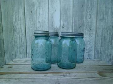 catalog photo of vintage blue glass canning jars w/ zinc lids, Ball Perfect Mason jars 