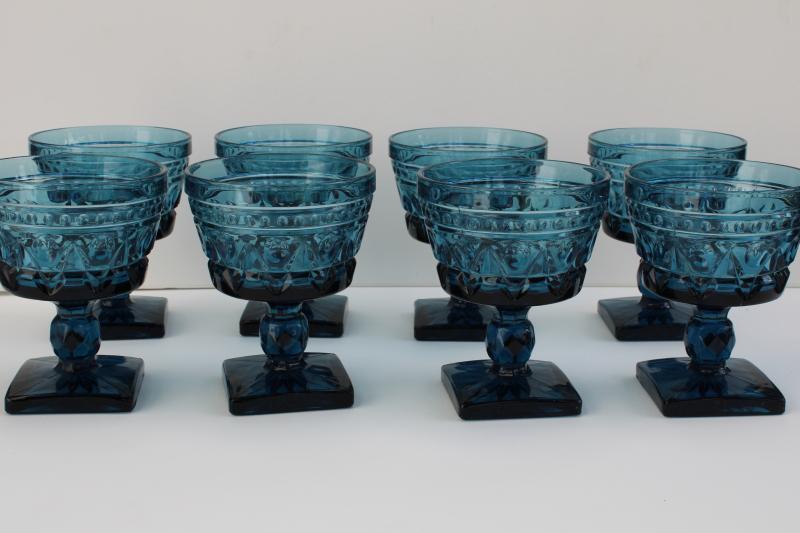 photo of vintage blue glass champagne glasses, chunky pressed glass goblets Colony Park Lane pattern #1