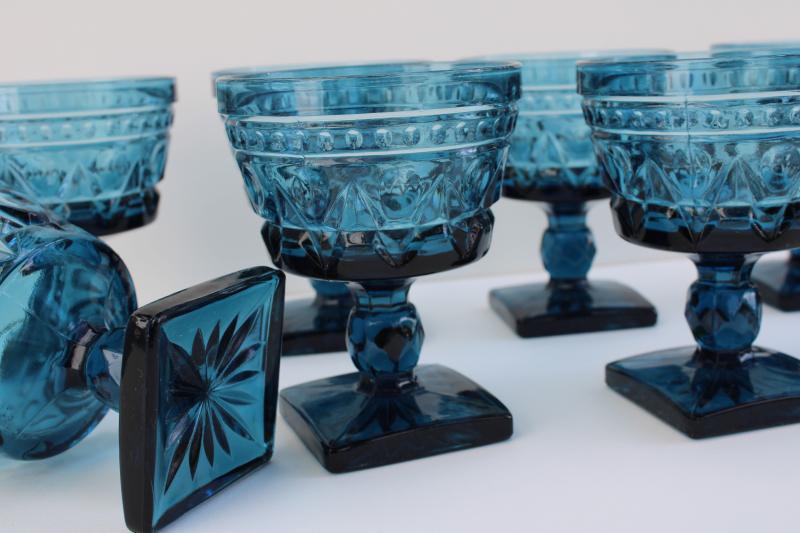 photo of vintage blue glass champagne glasses, chunky pressed glass goblets Colony Park Lane pattern #5