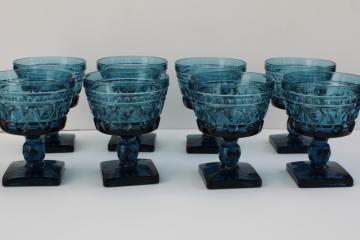 vintage blue glass champagne glasses, chunky pressed glass goblets Colony Park Lane pattern