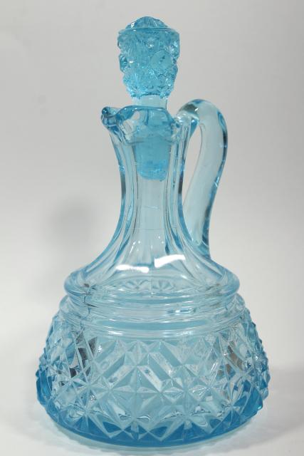 photo of vintage blue glass diamond band pattern pressed glass cruet w/ original stopper #1