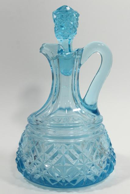 photo of vintage blue glass diamond band pattern pressed glass cruet w/ original stopper #2