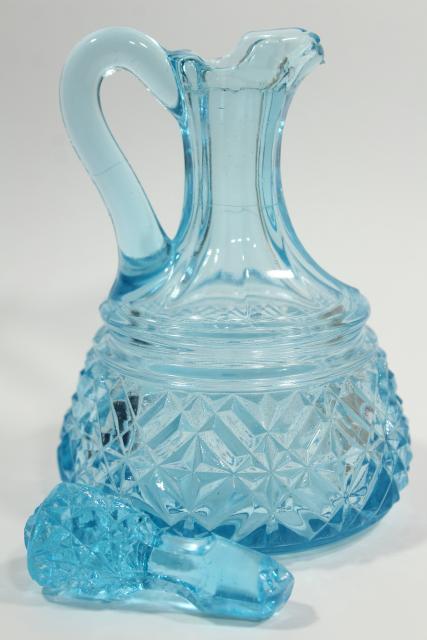 photo of vintage blue glass diamond band pattern pressed glass cruet w/ original stopper #4