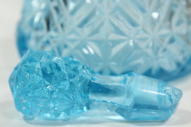 photo of vintage blue glass diamond band pattern pressed glass cruet w/ original stopper #5