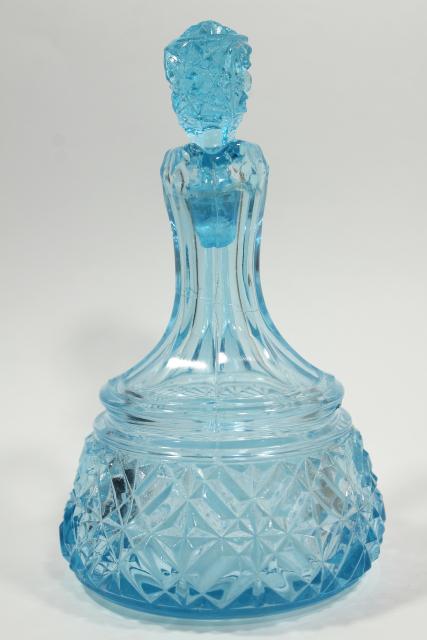 photo of vintage blue glass diamond band pattern pressed glass cruet w/ original stopper #6