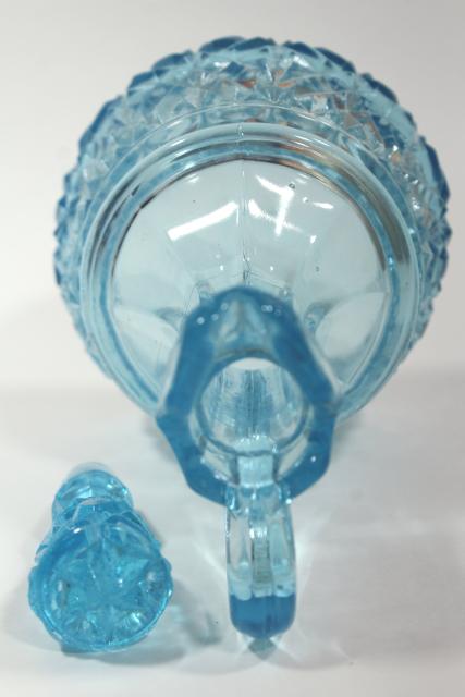 photo of vintage blue glass diamond band pattern pressed glass cruet w/ original stopper #7