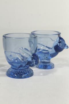 catalog photo of vintage blue glass eggcups, Easter egg cups w/ chick & bunny rabbit