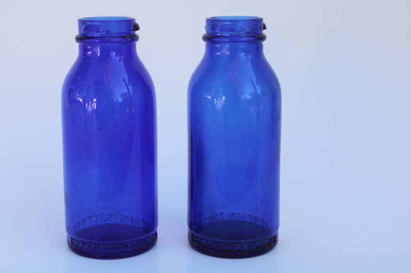 photo of vintage blue glass medicine bottles Emerson Drug Bromo Seltzer embossed bottles  #1