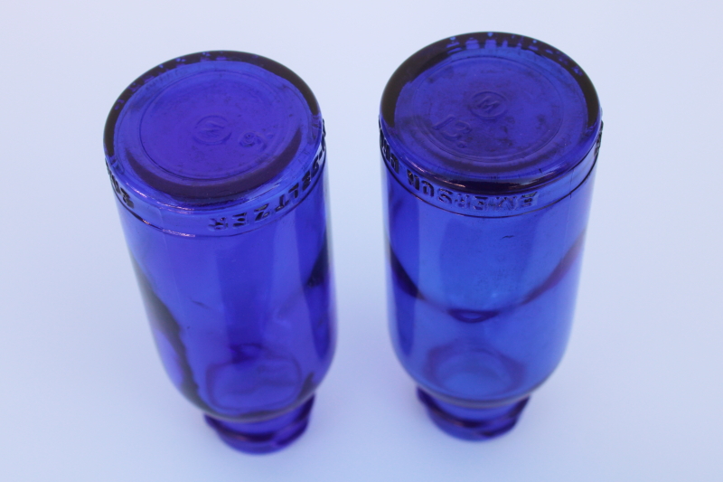 photo of vintage blue glass medicine bottles Emerson Drug Bromo Seltzer embossed bottles  #3