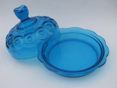 photo of vintage blue glass moon & star round covered butter dish or cheese plate #2