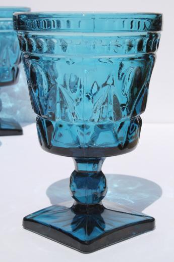 photo of vintage blue glass water glasses or wine goblets, Park Lane Colony / Indiana glass #3