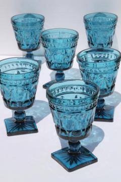 catalog photo of vintage blue glass water glasses or wine goblets, Park Lane Colony / Indiana glass