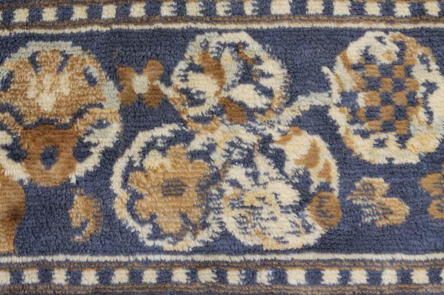 photo of vintage blue & gold rayon / cotton carpet rug w/ oriental cranes or pheasants, shabby gypsy style  #2