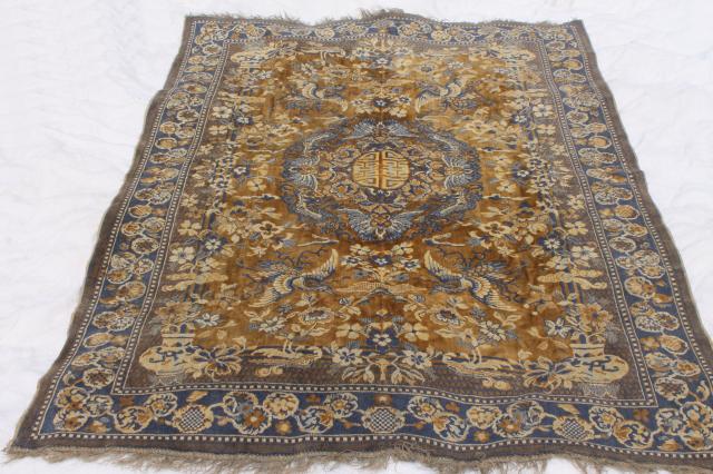 photo of vintage blue & gold rayon / cotton carpet rug w/ oriental cranes or pheasants, shabby gypsy style  #5