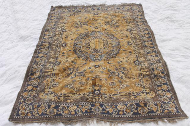 photo of vintage blue & gold rayon / cotton carpet rug w/ oriental cranes or pheasants, shabby gypsy style  #6