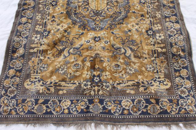 photo of vintage blue & gold rayon / cotton carpet rug w/ oriental cranes or pheasants, shabby gypsy style  #7