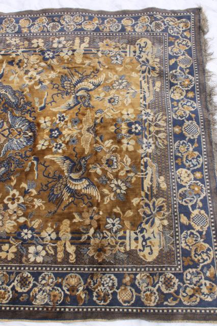 photo of vintage blue & gold rayon / cotton carpet rug w/ oriental cranes or pheasants, shabby gypsy style  #9