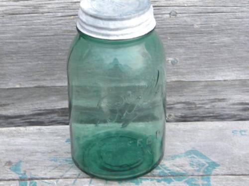 photo of vintage blue green 1 qt Ball Perfect Mason fruit jar w/zinc metal cap #1