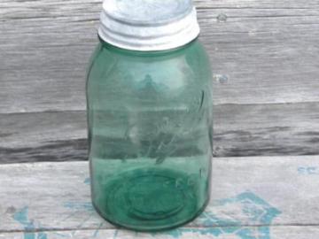 catalog photo of vintage blue green 1 qt Ball Perfect Mason fruit jar w/zinc metal cap