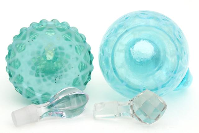 photo of vintage blue green opalescent glass cruets, fern & lattice pattern glass #2