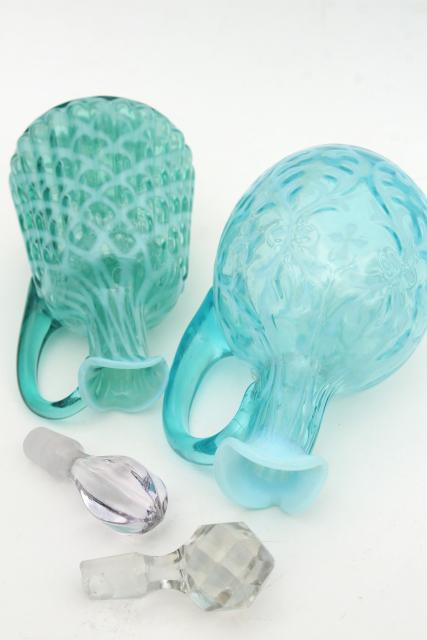 photo of vintage blue green opalescent glass cruets, fern & lattice pattern glass #10