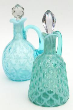 catalog photo of vintage blue green opalescent glass cruets, fern & lattice pattern glass