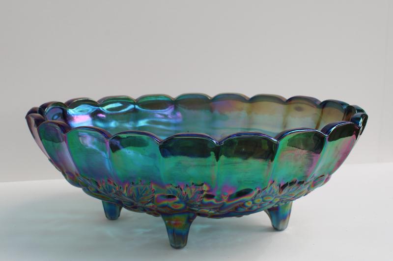 photo of vintage blue iridescent carnival glass, Indiana fruit garland footed oval bowl #1