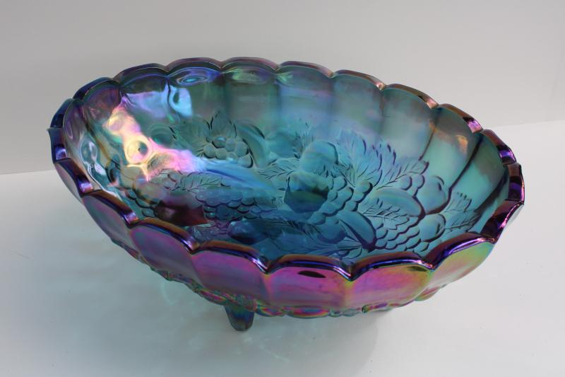 photo of vintage blue iridescent carnival glass, Indiana fruit garland footed oval bowl #5