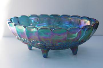 catalog photo of vintage blue iridescent carnival glass, Indiana fruit garland footed oval bowl