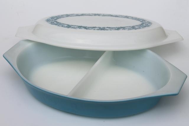 photo of vintage blue ivy Pyrex divided casserole dish, 1 1/2 quart baking pan w/ cover #3