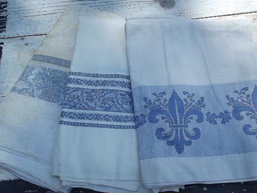 photo of vintage blue jacquard border damask tablecloth lot, french fleur de lis etc. #1