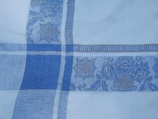 photo of vintage blue jacquard border damask tablecloth lot, french fleur de lis etc. #2