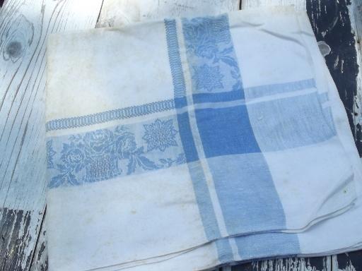 photo of vintage blue jacquard border damask tablecloth lot, french fleur de lis etc. #3